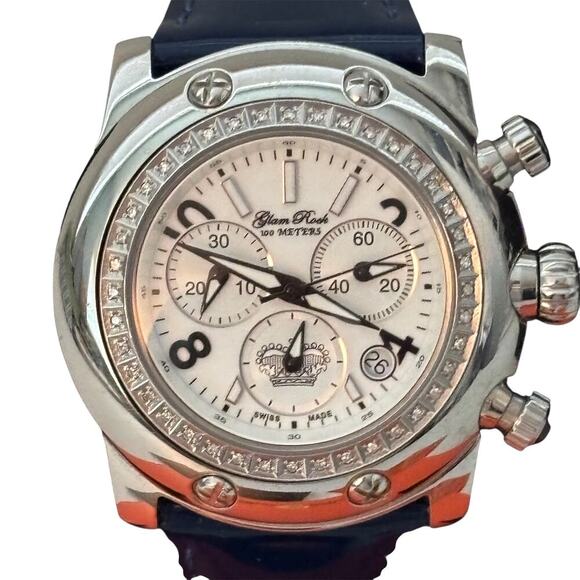 Glam Rock Midsize Miami Diamond Watch 11102D Stainless Steel Navy Patent Strap - Picture 2 of 8